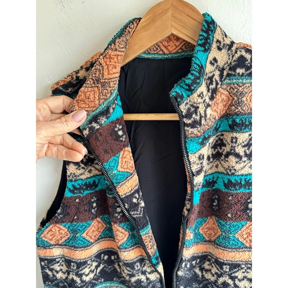 Womens Aztec‎ Sherpa Fleece Vest Teal Brown Southwestern Full Zip Size Medium